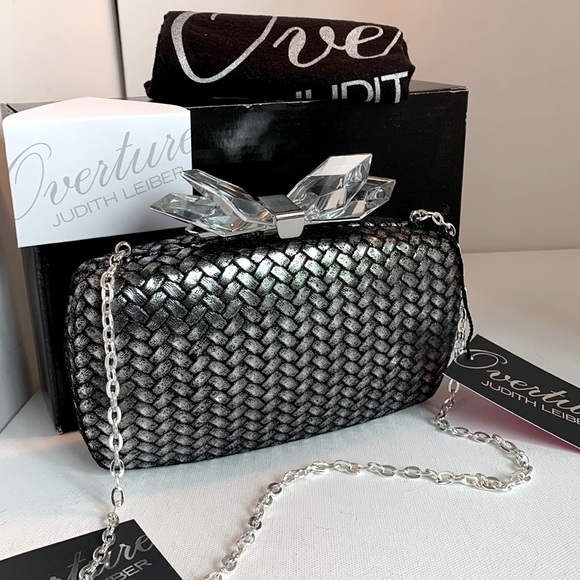 Judith Leiber Overture Hard Shell Woven Silver Black Leather Lucite Bow Clutch - Picture 2 of 16